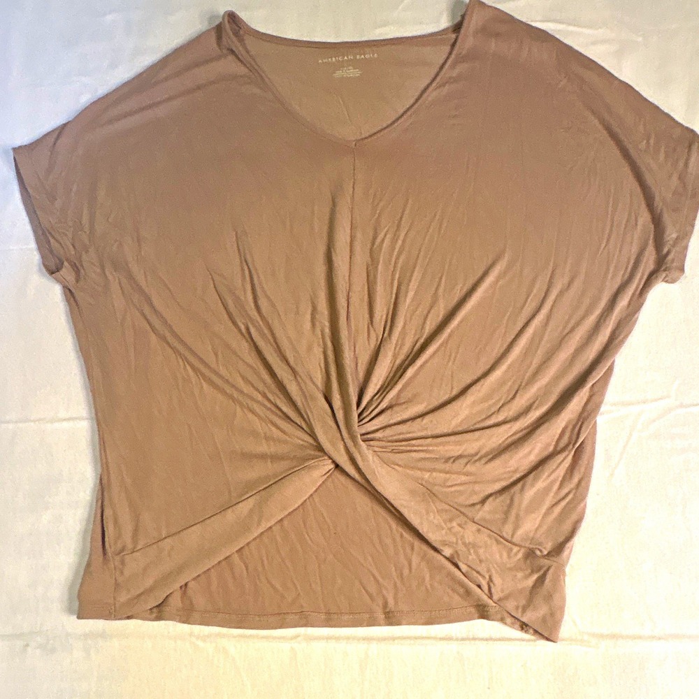 American Eagle Womens Taupe Knit V-Neck Twist Front Short Sleeve T-Shirt Size S